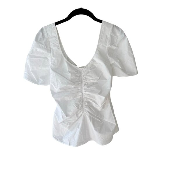 NWT Ruched White Open Back Top By Thakoon Size 8 100% Cotton Short Puff Sleeves - Picture 2 of 11